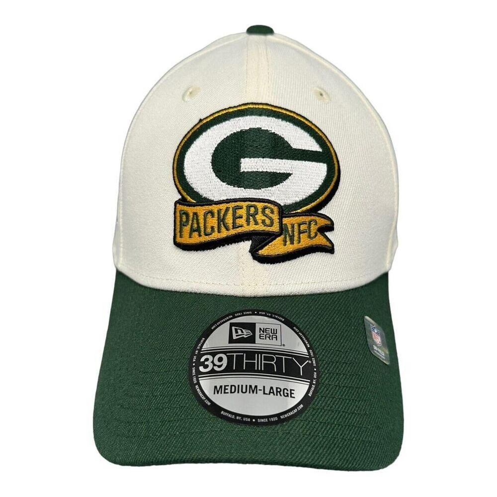 New Era 39THIRTY Green Bay Packers Hat Cream Green NFL Stretch Fit Cap Sz M/L